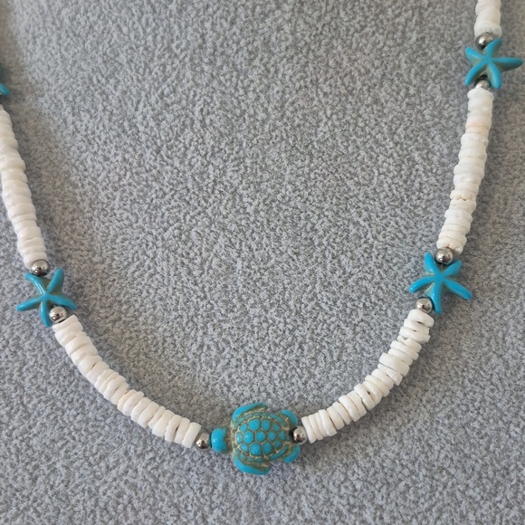Natural Shell Rings Necklace & Earrings With Turquoise Stars &Turtle - Picture 2 of 5